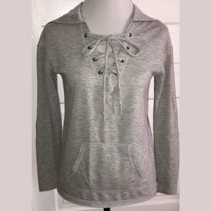 Gray French Terry Lace Up Neck Long Sleeve Hoodie, Sz XS